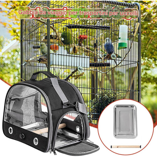 Bird Travel Carrier Clear Cage With Shoulder Window, Light Ventilated Mesh, Removable Perch, Black/White Panel 1