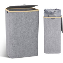 Durable 600D Fabric Laundry Container, Eco-Friendly Bamboo Rim for Foldable Tall Laundry Basket, Large Capacity Laundry Bin with Removable Liner Bag,