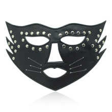 Eye Mask Leather Black Bondage Blindfold With Rivets, Adjustable Cat Blindfold For Adults, RolePlay Masquerade Mask