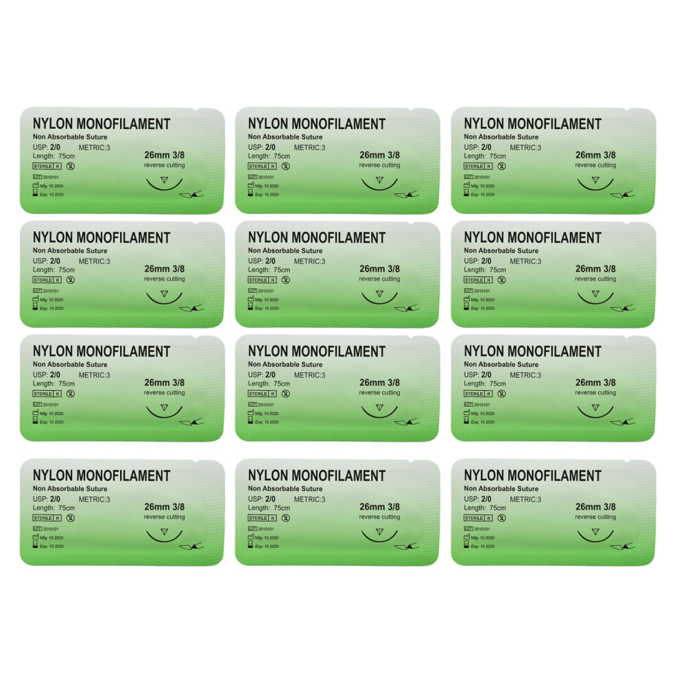 Medical Suture Thread Practice Kit 12pcs Nylon Threads & Curved Needles 2/0