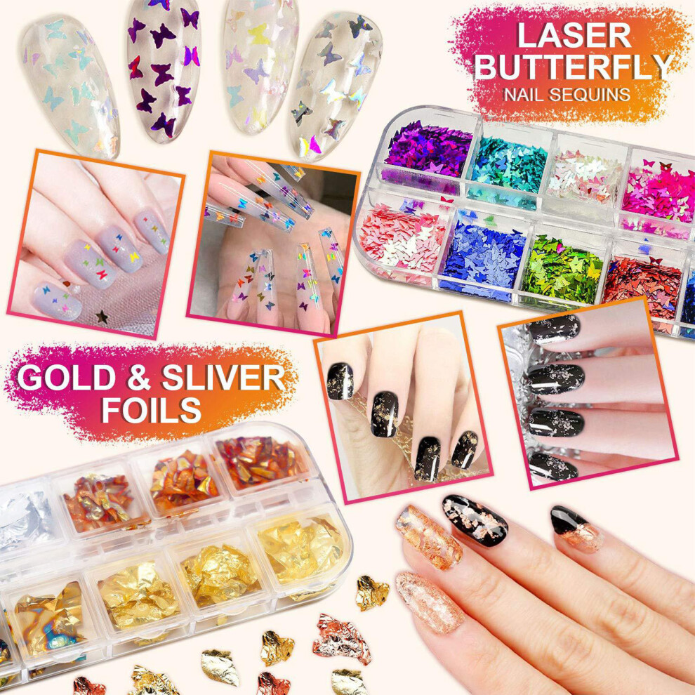 Complete Nail Art Decorations Kit with Rhinestones, Stickers, Foil Flakes & Pen