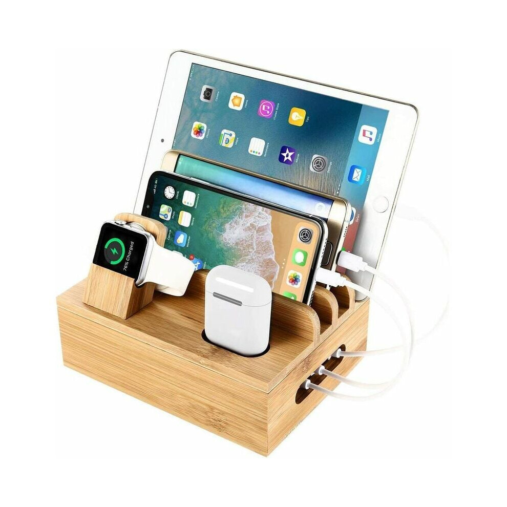 Bamboo Charging Station For Multiple Devices, Desktop Docking Station Organizer With Ample Storage Space And Hidden Cable Management, Natural Bamboo 9448196746844