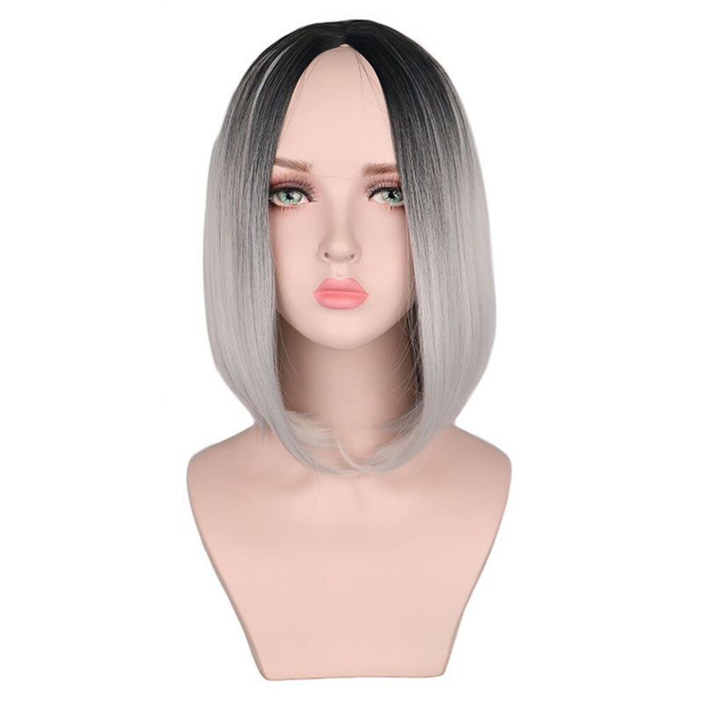 Unisex Grey Synthetic Ombre Wig Natural-Looking Mid Part Bob Wigs Easy To Wear Heat Resistant Fiber For Cosplay Costume Party