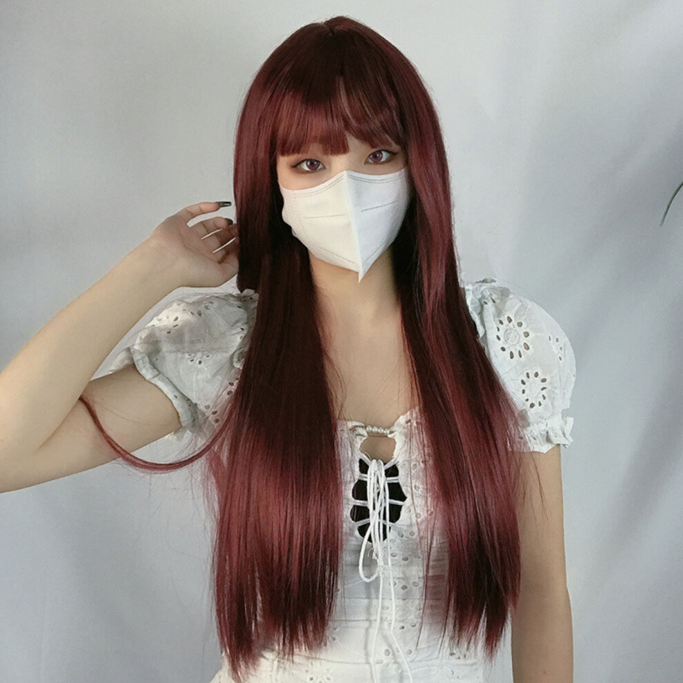 Unisex Red Long Straight Wig With Blunt Bangs, Wine Chemical Fiber, 45Cm