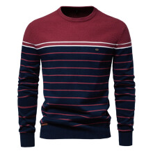 Striped Knitted Jumper Men's Crew Neck Knitwear Long Sleeve Colour Block Autumn Winter Thermal Size XL Brick Red