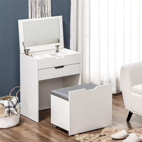 Homcom HOMCOM Dressing Table with Mirror and Stool, Vanity Table with Storage, White
