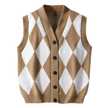 Argyle Pattern Knitted Vest Men's V-Neck Sleeveless Jumper Winter Knitwear XXL Khaki Warm Leisure Vest
