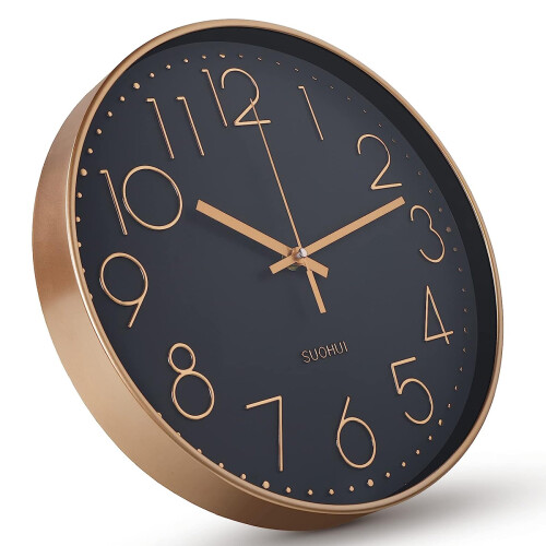 Modern Kitchen Clock, Gold Frame On Black Background, Silent Operation, Easy Installation, 3-Year Movement Assurance