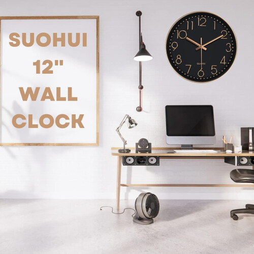 Modern Kitchen Clock, Gold Frame On Black Background, Silent Operation, Easy Installation, 3-Year Movement Assurance 2