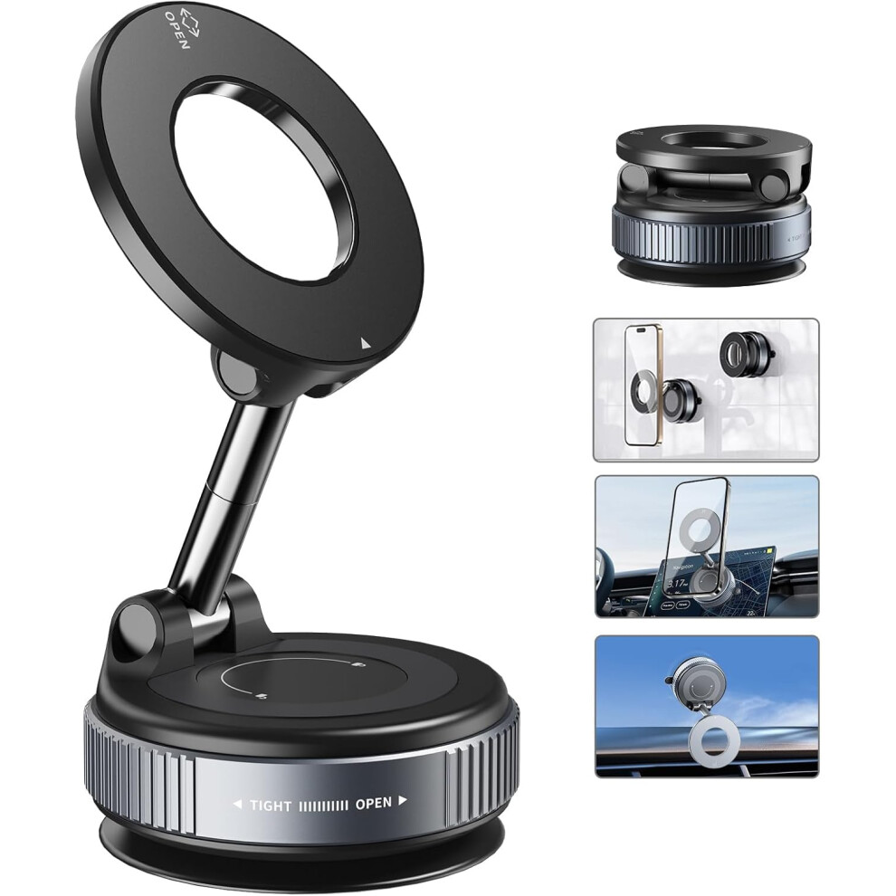 Magnetic Car Phone Mount With 360 Rotation Vacuum Suction Lock Magsafe Compatible Black 9426802515176