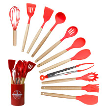 Utensílios de cozinha artesanais em silicone, cabos ergonômicos de madeira, fáceis de limpar, conjunto de 12 peças, resistentes ao calor,
