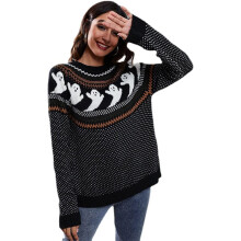 Uformelle strikkegensere for kvinner, leopardprint-genser med gotisk stil, løs strikket langermet topp med rund hals og ribbet hals