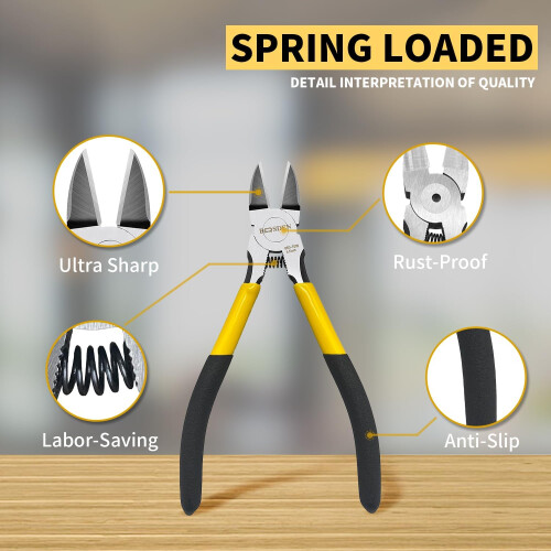 165mm Wire Cutters, 2 Pieces, Precision Side Cutters, Spring Loaded, Yellow / Black 1