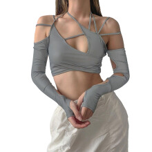 Dames sporttop met lange mouwen en duimgaten, ademend materiaal, cropped model, flexibele pasvorm, open voorkant, cropped top voor de sportschool,