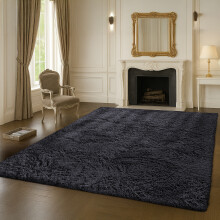 Pack of 2-160x230cm (5ft4" x 7ft8") Black Shaggy Rug - Anti Slip Black Faux Fur Rug for Bedroom Carpet