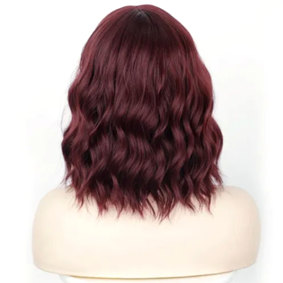 Unisex Red Wine Women Wig With Bang, 35-40Cm Curly Mid Length Synthetic Hair