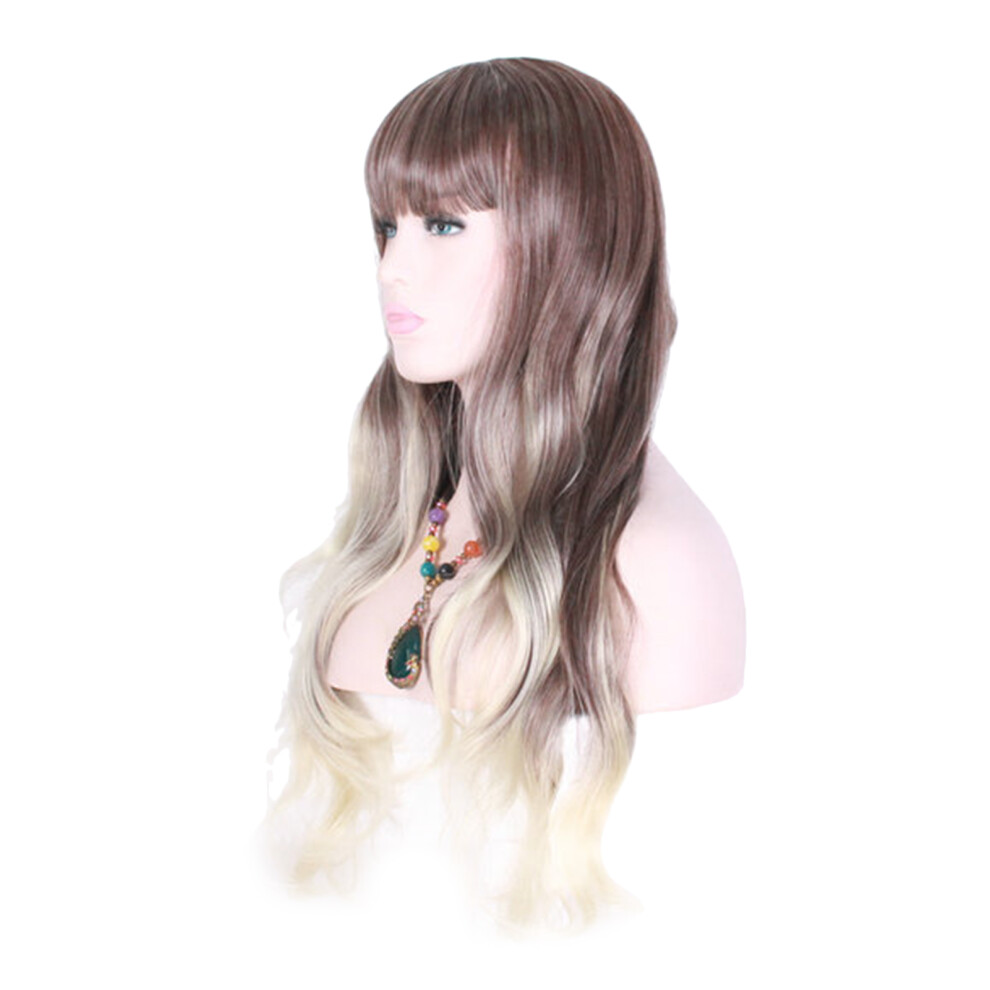 Gold Heat Resistant Synthetic Wig For Women Gradient Ombre Wavy Wig With Bangs Fade Resistant Hair Replacement Natural Look Wig With Breathable Cap