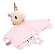 Bunte Kuscheldecke mit sensorischen Etiketten für Babys, beruhigende Decke mit strukturierten Plüsch-Etiketten, Kuscheltier für Neugeborene,