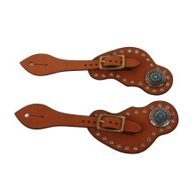 Brown Cow Leather Spur Strap with Rhinestones for Horse Training, 25cm
