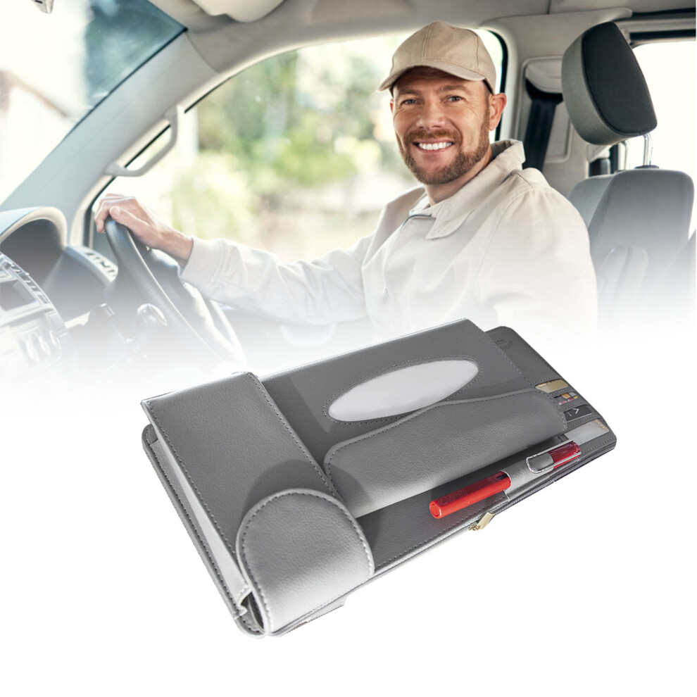 Car Tissue Holder Artificial Leather Multifunction Sun Visor Storage Gray 4651371817054
