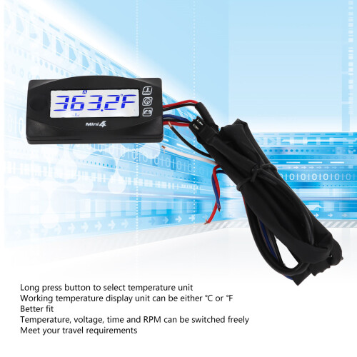 Motorcycle 4-in-1 Digital Thermometer RPM Volt Timer 12V Blue Backlight 2