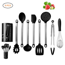 Utensílios de silicone resistentes ao calor, antiaderentes e ideais para cozinhar, conjunto de 9 peças com cabos ergonômicos em aço inoxidável,