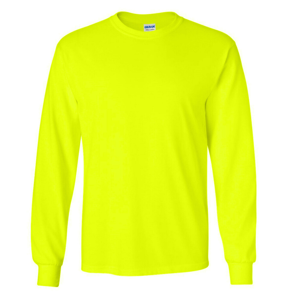 Gildan (Xl, New Safety ) Mens Plain Crew Neck Ultra Cotton Long Sleeve T-Shirt Green