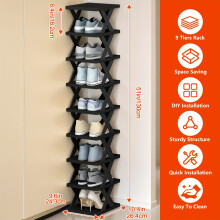 (Schwarz 9 Schichten) 9-stufiges, robustes Kunststoff-Schuhregal, platzsparender, vertikal stehender/regalfreier Montage-Schuh-Organizer mit