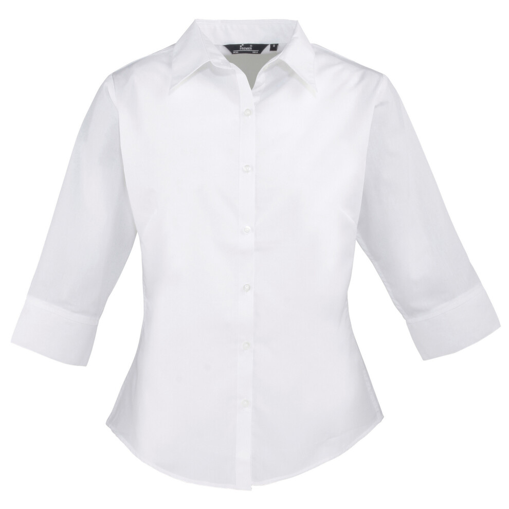(10, White) Premier 3/4 Sleeve Poplin Blouse / Plain Work Shirt