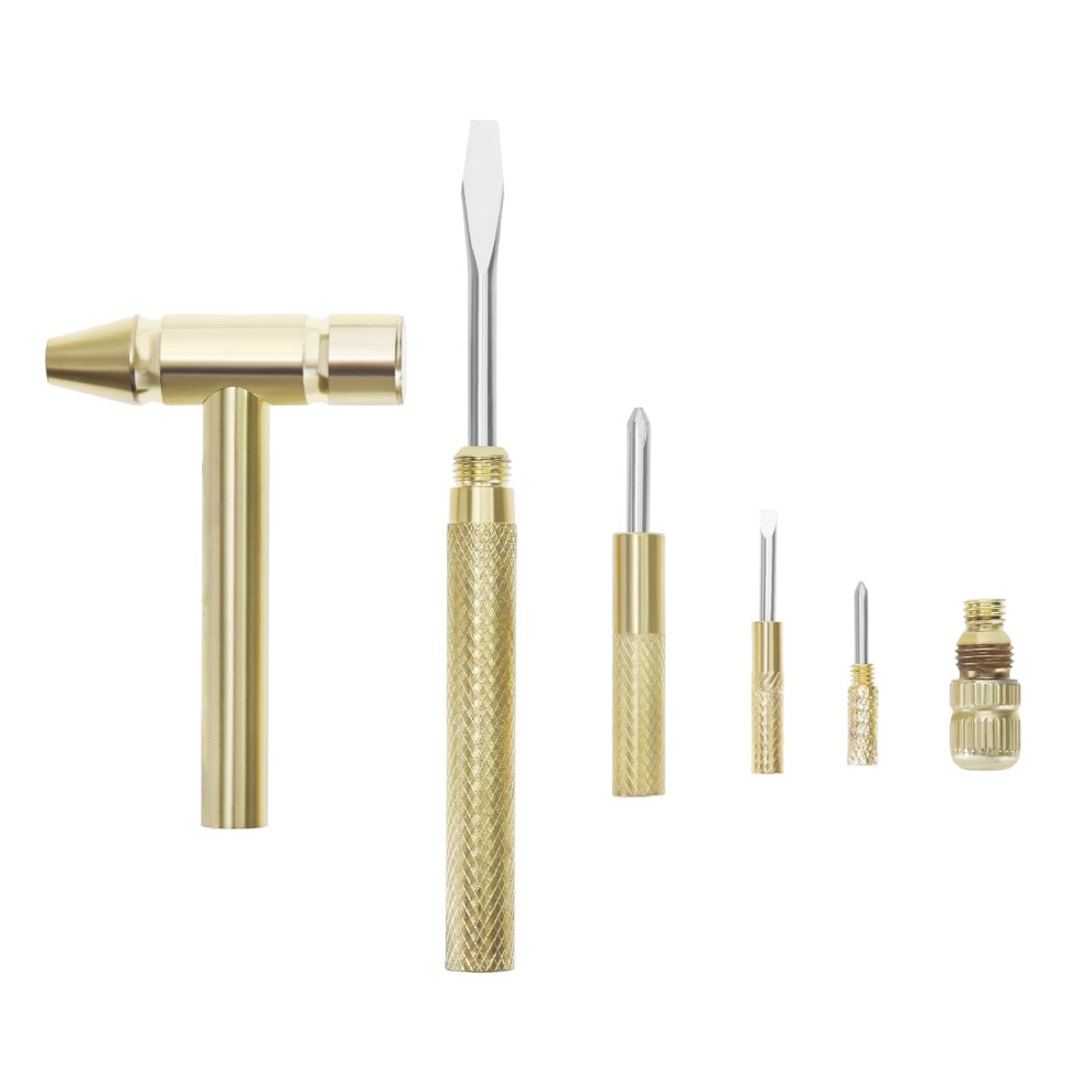 6In1 Mini Multifunctional Copper Hammer Screwdriver Tool Metal Tool Hammer Set Used For Repairing Mobile Phones, Laptops, Watches, Golden 9426802534351