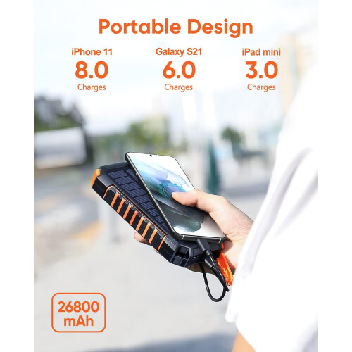 Ηλιακός φορτιστής Power Bank, φορητός φορτιστής 26800mAh με γρήγορη φόρτιση, ενσωματωμένα 2
