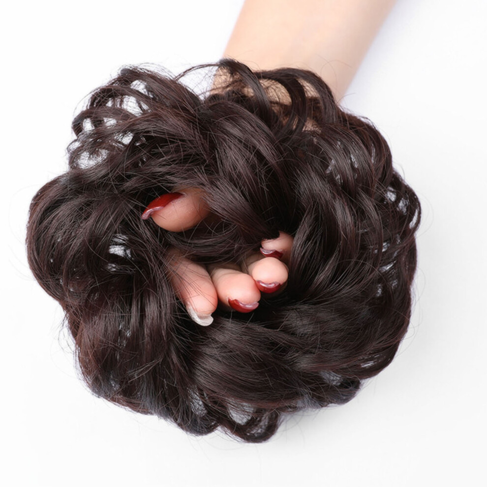 Fluffy Curly Dark Brown Hair Bun Wig with Elastic Band Artificial Silk Fiber