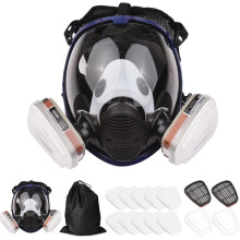 Aktivt kolfilter, dubbelt filtreringssystem, helmask med im- och repskyddande storskärm i polykarbonat.