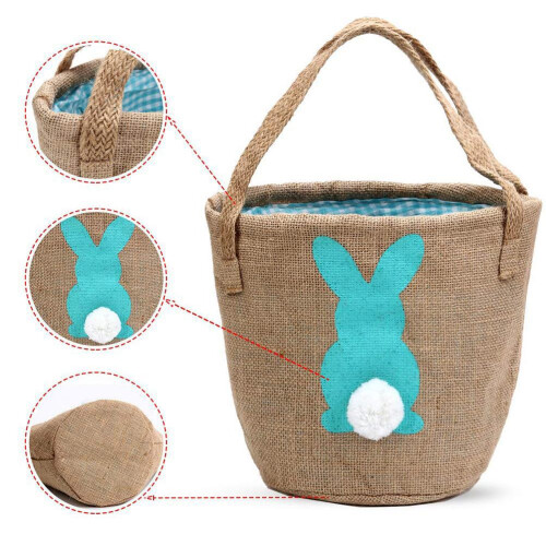 Customized Design Easter Egg Hunt Basket, Premium Fabric Plaid Interior Dark Green Rabbit Pattern with Plush Tail, Multiple Uses Easter Gift for Kids 1