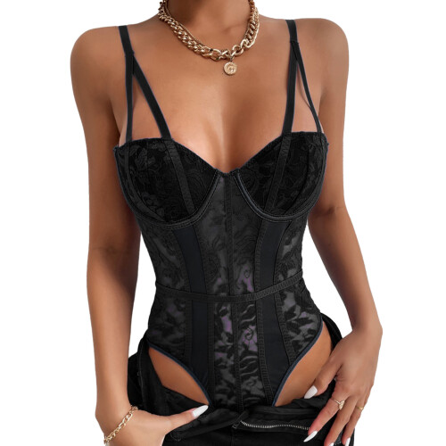 Black Lace Bodysuit with Adjustable Straps, 1/2 Cup, Size M 1