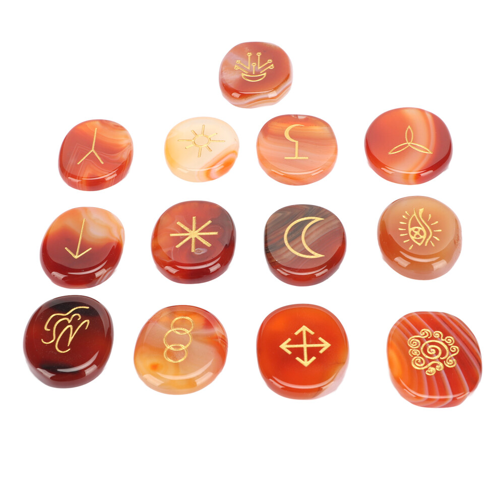 Red 13Pcs Energy Stones Set With Symbols For Healing, Meditation,