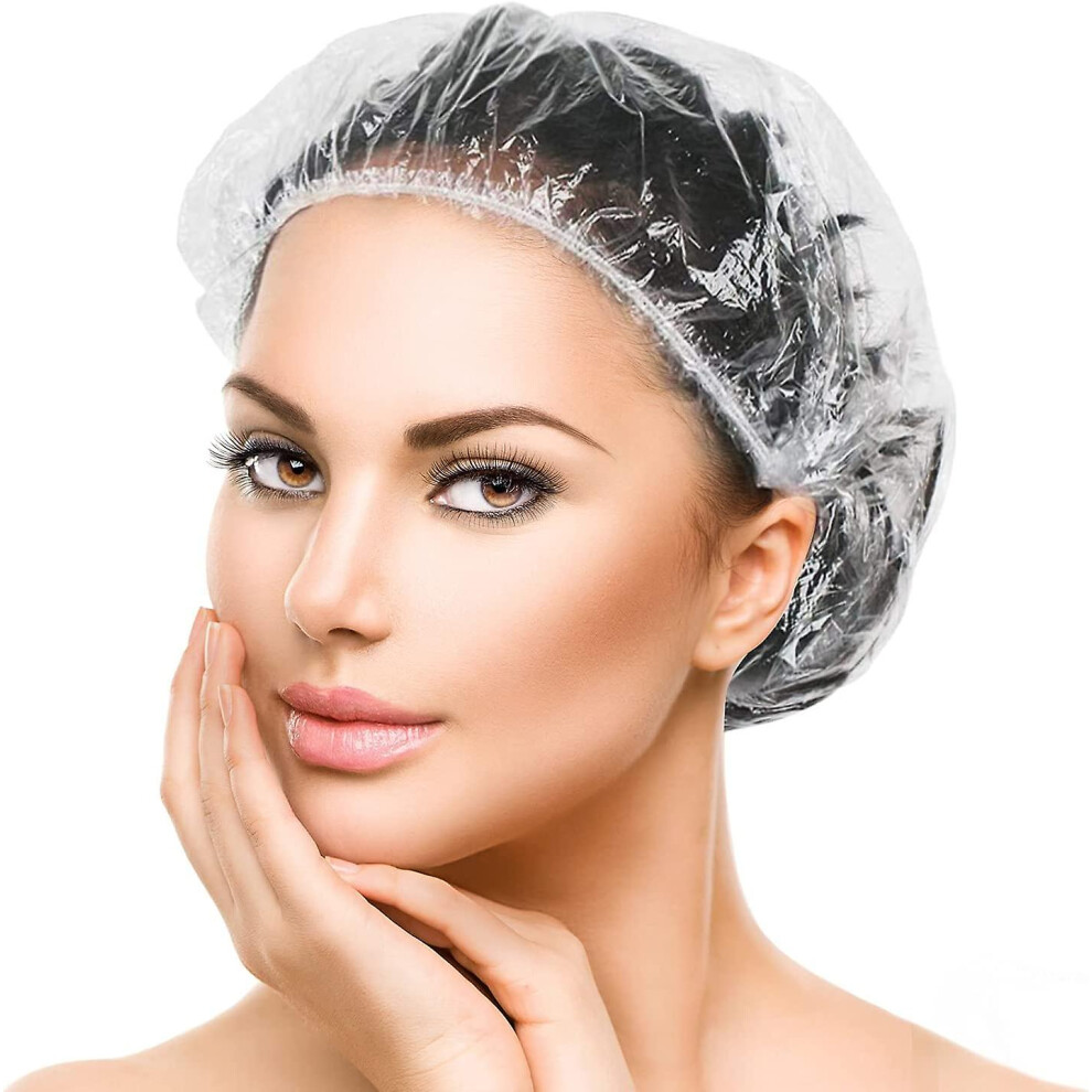 Travel Essentials Disposable Shower Caps, Plastic Waterproof Hair Covers for Women and Men, Thickening Elastic Bath Cap for Salon, Spa, Home