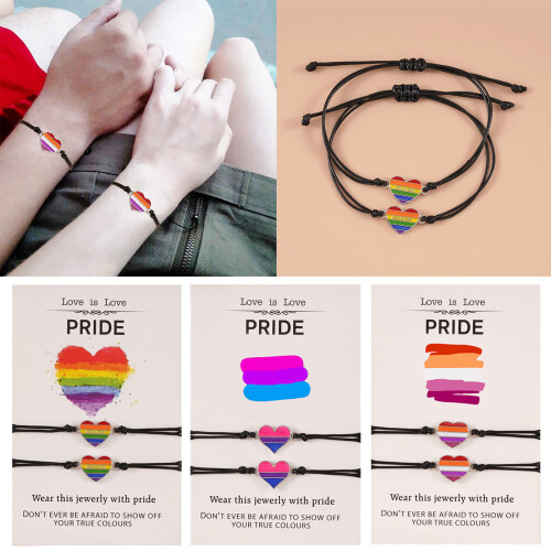 2Pieces Black String Heart Charm Bracelet for Couple Rainbow-1 2