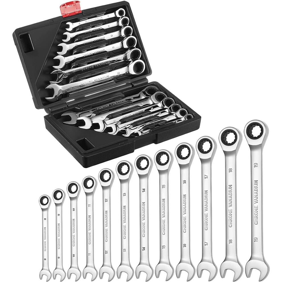 Ratchet Wrench Set 819Mm, 12 Sizes Metric Combination Spanners, 72 Tooth, Chrome Vanadium With Case 9426802537611