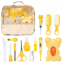 Kit de beleza para bebês, amarelo, conjunto de 13 peças incluindo cortador de unhas com design curvo e aspirador nasal com ponta pequena e