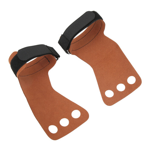 Imitation Leather 3Fingers Hand Grip Palm Protector for Pull Up & Weightlifting Brown