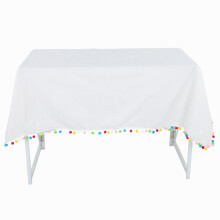 Multicolor Confetti Dots Table Cloth, Cotton Linen Fabric for Colorful Pom Pom Garland Inspired Decorations, 140x140cm White