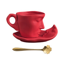 Ceramic Kiss Couple Mug Drink Cup with Saucer and Spoon Set-Red