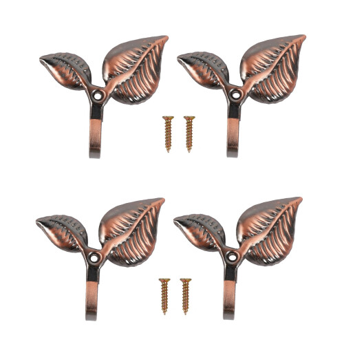 4 x Iron Leaf Shaped Curtain Tie backs Holders Wall Hooks Home Decor, Red Bronze