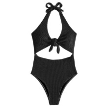 Maiô cavado feminino, modelo de uma peça, com cintura vazada, amarração frontal com nó, design sem costas, alças ajustáveis e amarração no