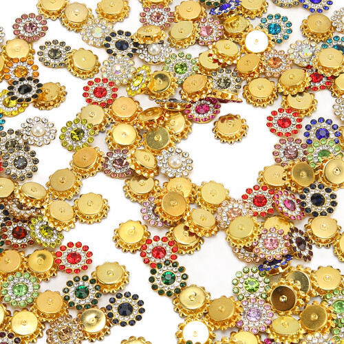 100Pcs Flower Shape Claw Cup Assorted Crystal Glass Buttons 1.4cm 2