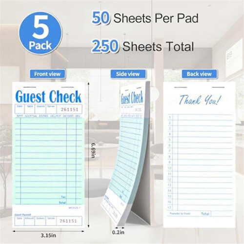Customer bill books (5 items per customer), server notepads, green server notebooks, restaurant orders 1