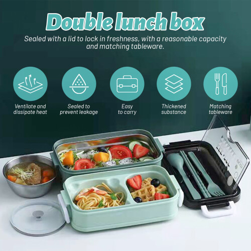Spill Resistant Double Layer Lunch Box Nonrust Steel-Blue 2