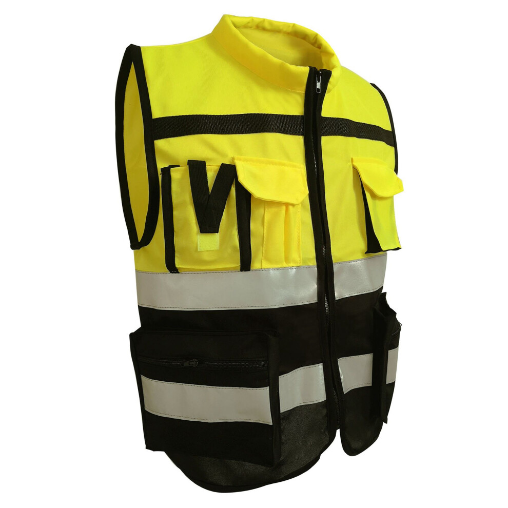 High Visibility Reflective Safety Vest With Pockets, Zipper Front, Yellow Black, Xxl 7641380925670