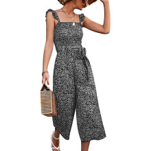 Damejumpsuit med lommer, åndbart materiale, ærmeløs, vide ben, afslappet stil, flagrende jumpsuit, moderigtigt trykt, justerbare stropper, løs